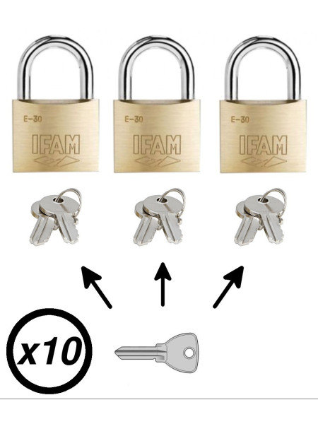 Lot de 10 cadenas 30mm avec clé passe partout